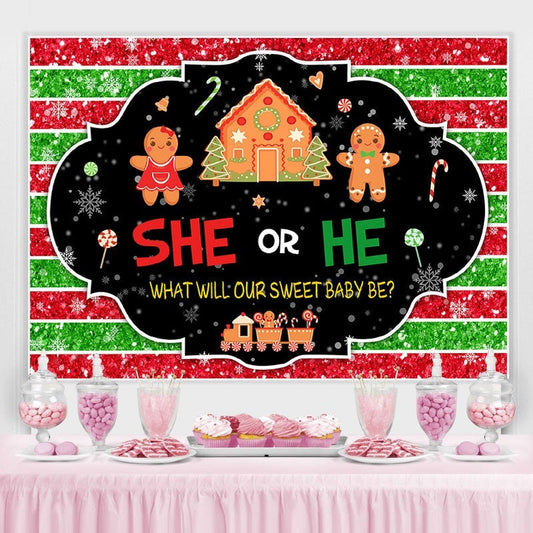 Lofaris She or He stripe Gingerbread Snow Baby Shower Backdrop