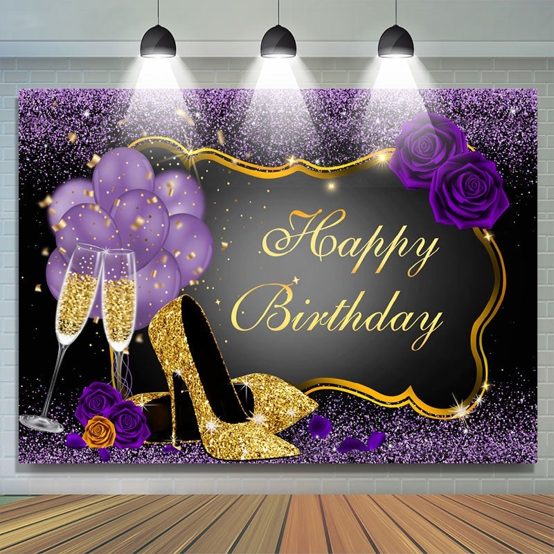 Lofaris Shiny Sequin High Heels Purple Rose Birthday Backdrop