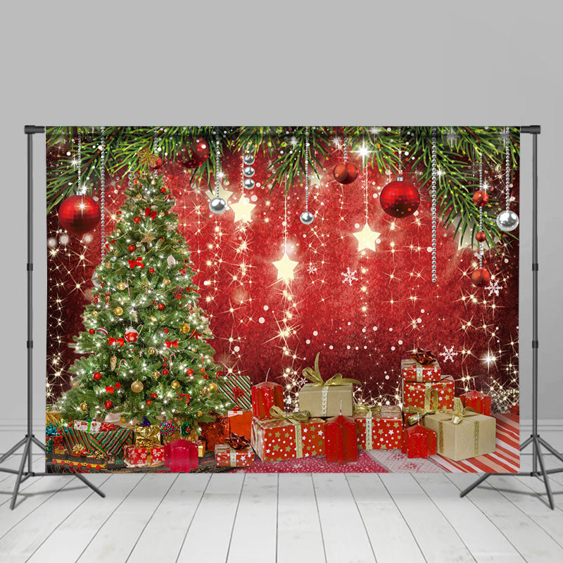 Lofaris Shiny Stars With Christmas Gift Tree Holiday Backdrop