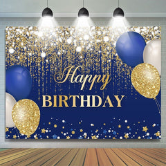 Lofaris Blue and Gold Balloons Glitter Birthday Backdrop