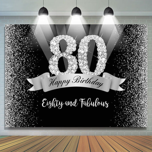Lofaris Silver And Black Glitter Happy 80Th Birthday Backdrop