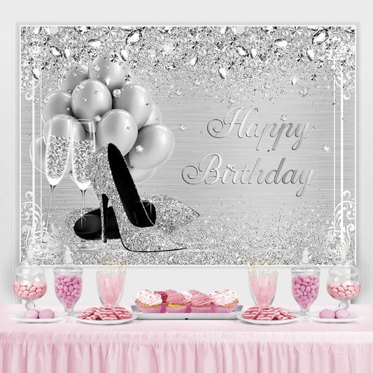 Lofaris Silver And Glitter Balloon Happy Birthday Backdrop