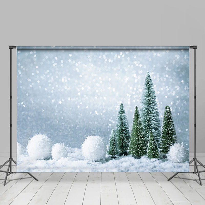 Lofaris Silver And White Snowball With Trees Christmas Backdrop