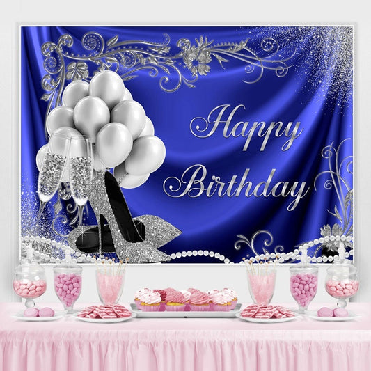 Lofaris Silver Balloon and Heels Blue Happy Birthday Backdrop