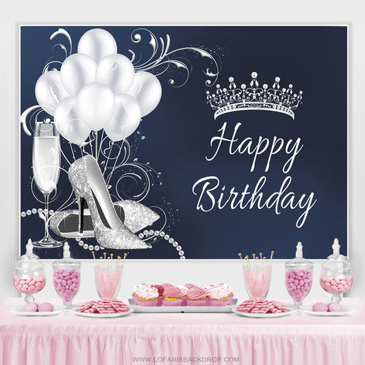 Lofaris Silver Balloon Crown Happy Birthday Backdrop For Woman