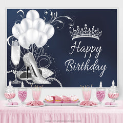 Lofaris Silver Balloon Crown Happy Birthday Backdrop For Woman