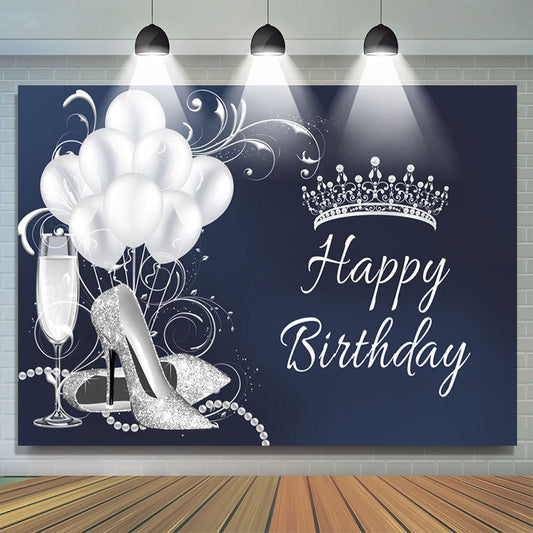 Lofaris Silver Balloon Crown Happy Birthday Backdrop For Woman