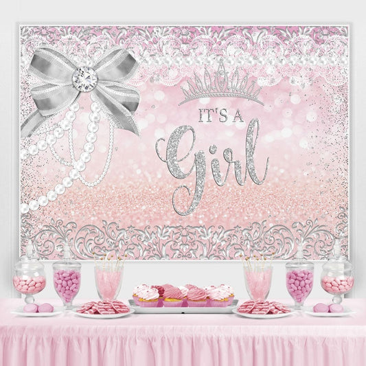 Lofaris Silver Bow And Crown Giltter Pink Baby Shower Backdrop