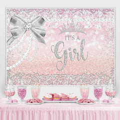Lofaris Silver Bow And Crown Giltter Pink Baby Shower Backdrop