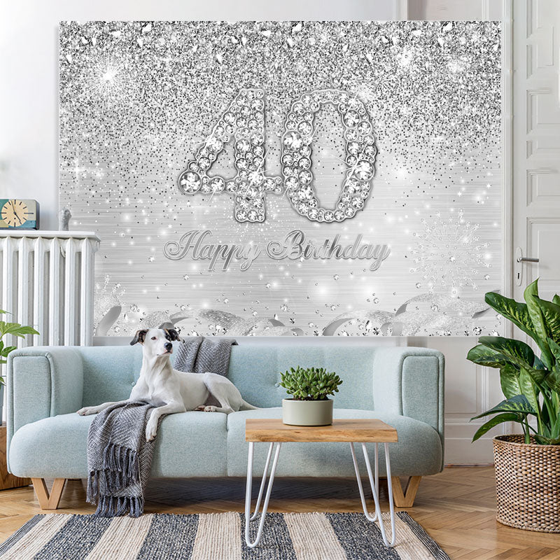 Lofaris Silver Glitter Simple Happy 40Th Birthday Backdrop