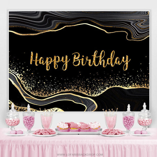 Lofaris Simple Black And Golden Glitter Happy Birthday Backdrop