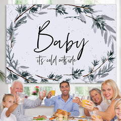Lofaris Simple Winter With Leaves White Baby Shower Backdrop