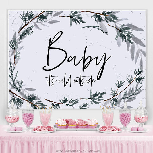 Lofaris Simple Winter With Leaves White Baby Shower Backdrop