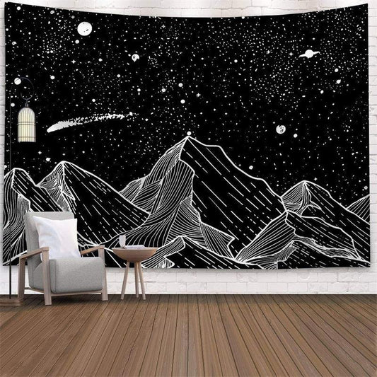 Lofaris Sketch Black And White Galaxy Mountain Wall Tapestry