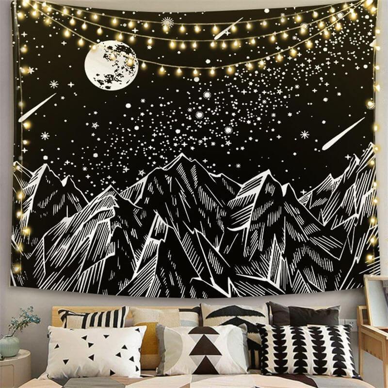 Lofaris Sketch Black And White Moon Mountain Wall Tapestry