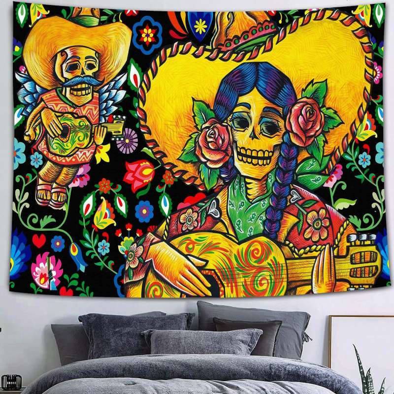 Lofaris Skull And Guitar Funny Floral Trippy Novelty Wall Tapestry
