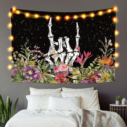 Lofaris Skull And Light Sky Floral Black White Custom Tapestry