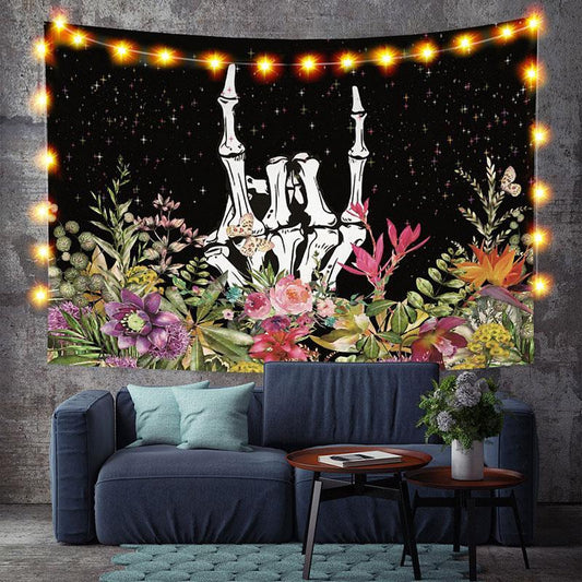 Lofaris Skull And Light Sky Floral Black White Custom Tapestry