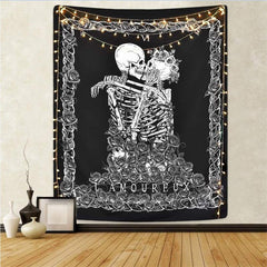 Lofaris Skull Black And White Trippy Funny Floral Wall Tapestry