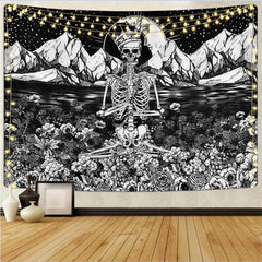 Lofaris Skull Floral Black And White Divination Wall Tapestry