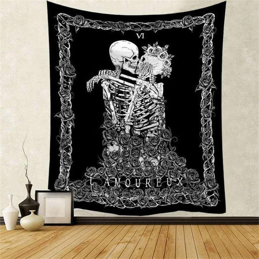 Lofaris Skull Kiss Black And White Trippy Abstract Wall Tapestry