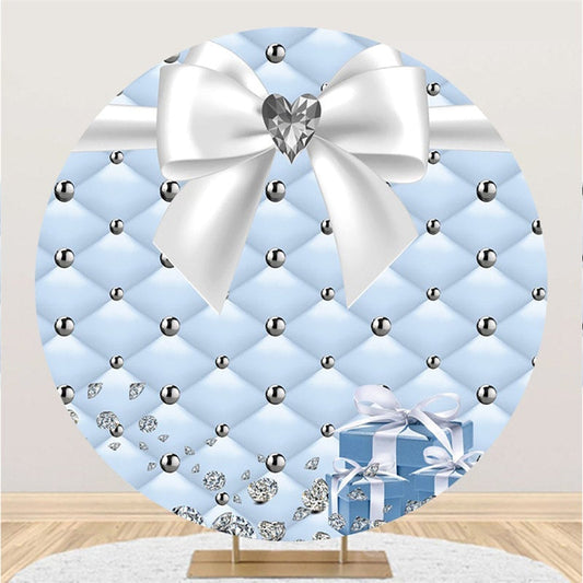Lofaris Sky Blue And White Diamond Lovely Bow Round Backdrop