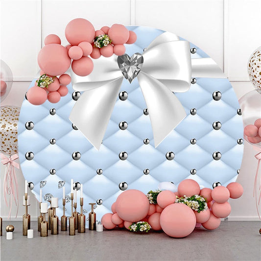 Lofaris Sky Blue And White Diamond Lovely Bow Round Backdrop