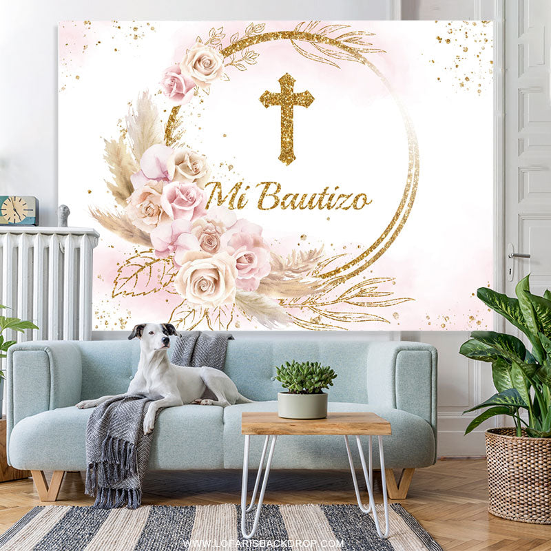 Lofaris Slight Pink With Golden Mi Bautizo Theme Backdrop