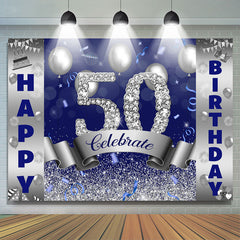 Lofaris Silver And Blue Bokeh Glitter Happy 50th Birthday Backdrop