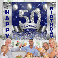 Lofaris Silver And Blue Bokeh Glitter Happy 50th Birthday Backdrop