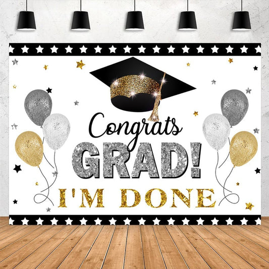 Lofaris Sliver And Gold Glitter Ballons Grad I Am Done Backdrop