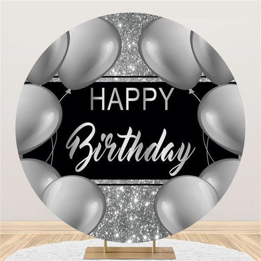 Lofaris Silver Ballon Glitter Round Happy Birthday Backdrop
