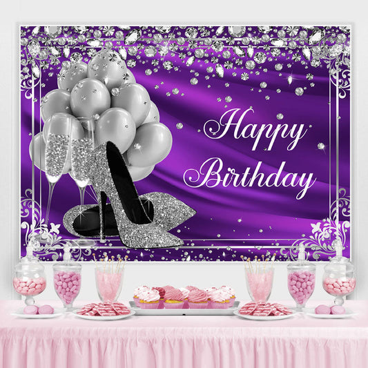 Lofaris Silver Balloon and Diamonds Purple Birthday Backdrop