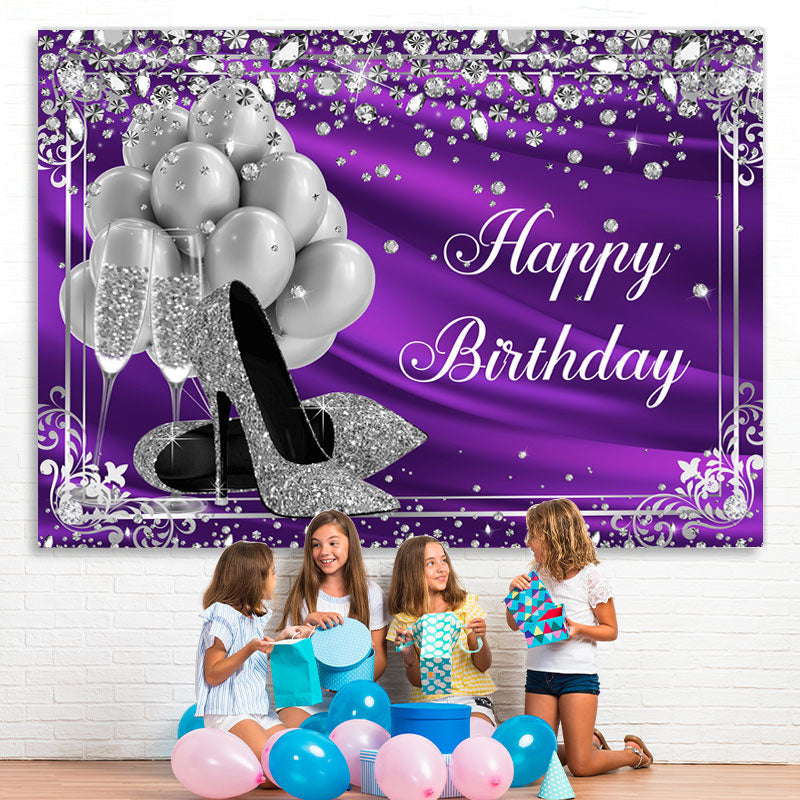 Lofaris Silver Balloon and Diamonds Purple Birthday Backdrop