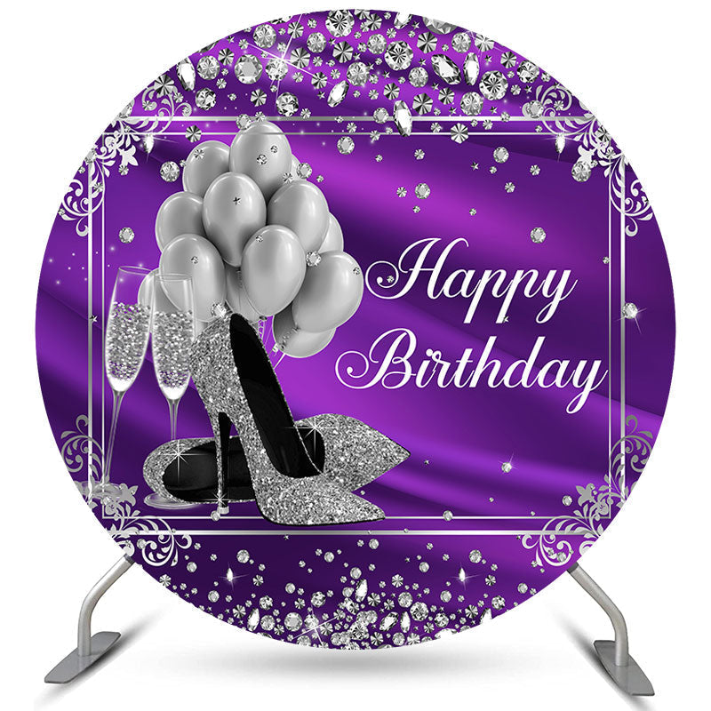 Lofaris Silver Balloon Diamonds Purple Birthday Circle Backdrop