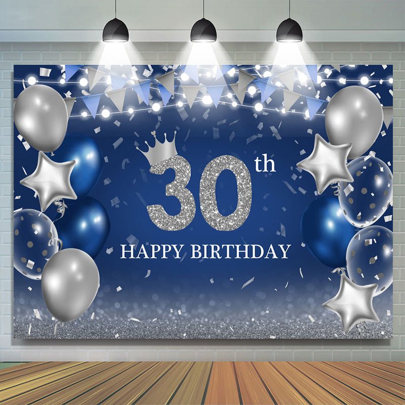 Lofaris Silver Glitter Ballon And Blue 30th Birthday Backdrop