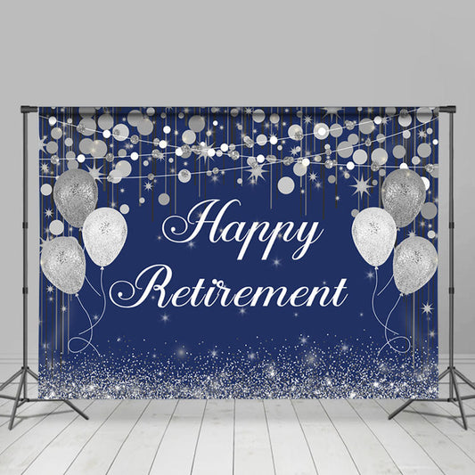Lofaris Silver Glitter Balloon Blue Happy Retirement Backdrop