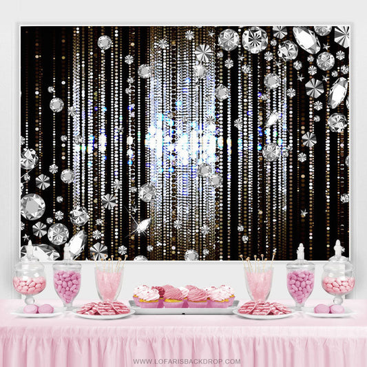 Lofaris Silver Glitter Diamonds Black Birthday Party Backdrop