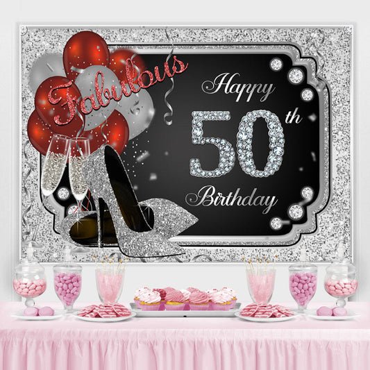 Lofaris Silver Glitter Happy 50th Birthday Heels Bolloon Party Backdrop