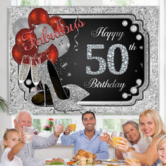 Lofaris Silver Glitter Happy 50th Birthday Heels Bolloon Party Backdrop