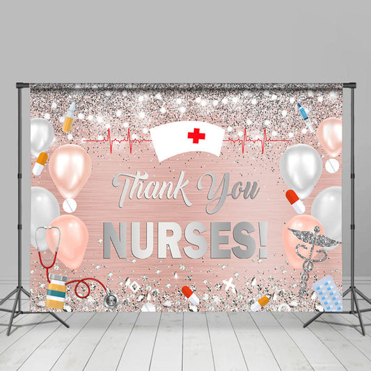 Lofaris Sliver Glitter Pink Balloons Thank You Nurses Backdrop