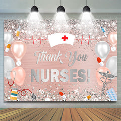 Lofaris Sliver Glitter Pink Balloons Thank You Nurses Backdrop