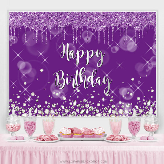 Lofaris Silver Glitter Purple Blur Happy Birthday Backdrop