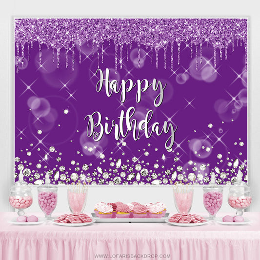 Lofaris Silver Glitter Purple Blur Happy Birthday Backdrop