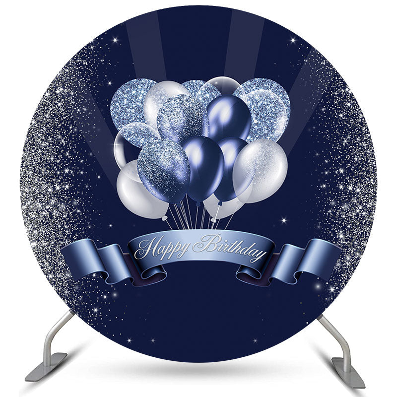Lofaris Silver Navy Blue Glitter Balloons Round Birthday Backdrop
