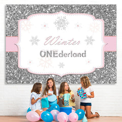 Lofaris Silver Pink Winter Onederland Snowflake Birthday Backdrop for Girl