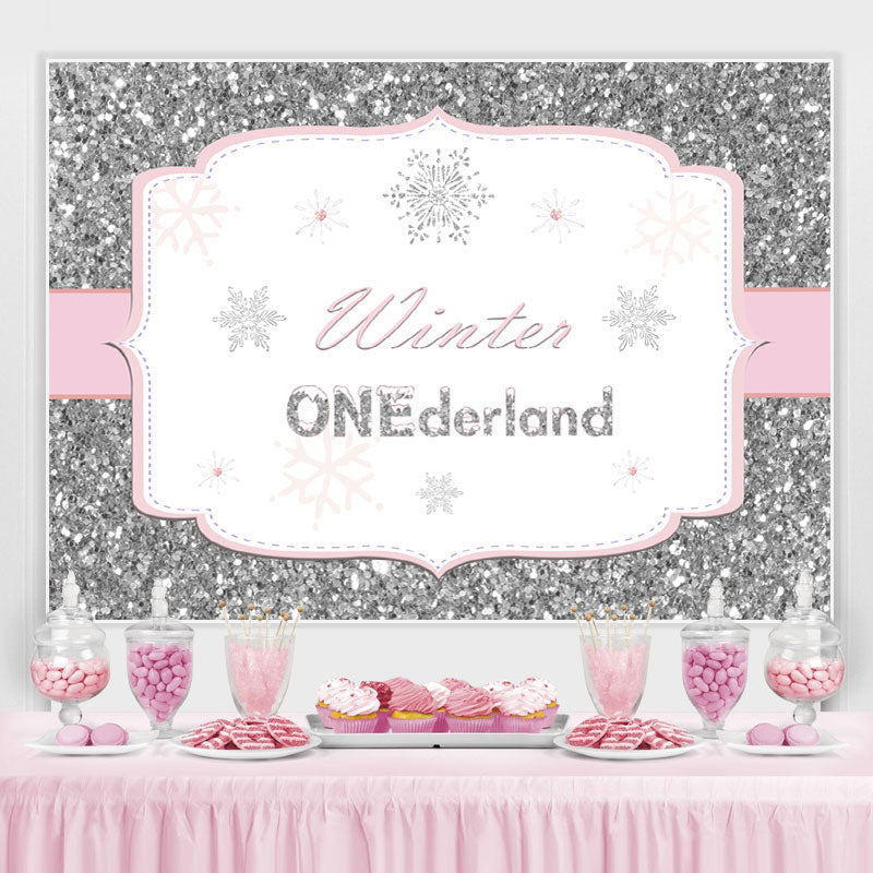 Lofaris Silver Pink Winter Onederland Snowflake Birthday Backdrop for Girl