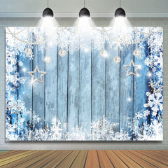 Lofaris Silver Snowy Forzen Blue Wooden Winter Party Backdrop