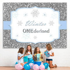 Lofaris Silver Winter Onederland Snowflake Birthday Backdrop for kids