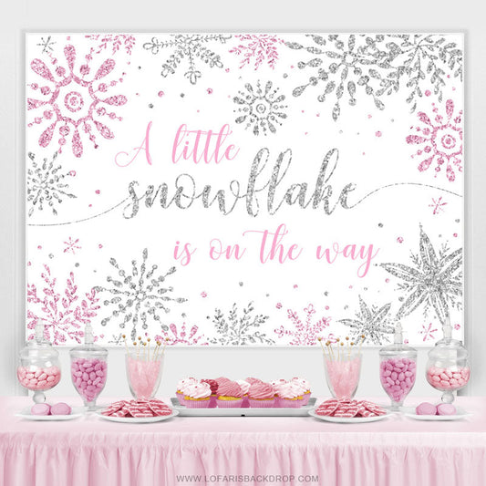 Lofaris Silver With Pink Snowflake Theme Baby Shower Backdrop